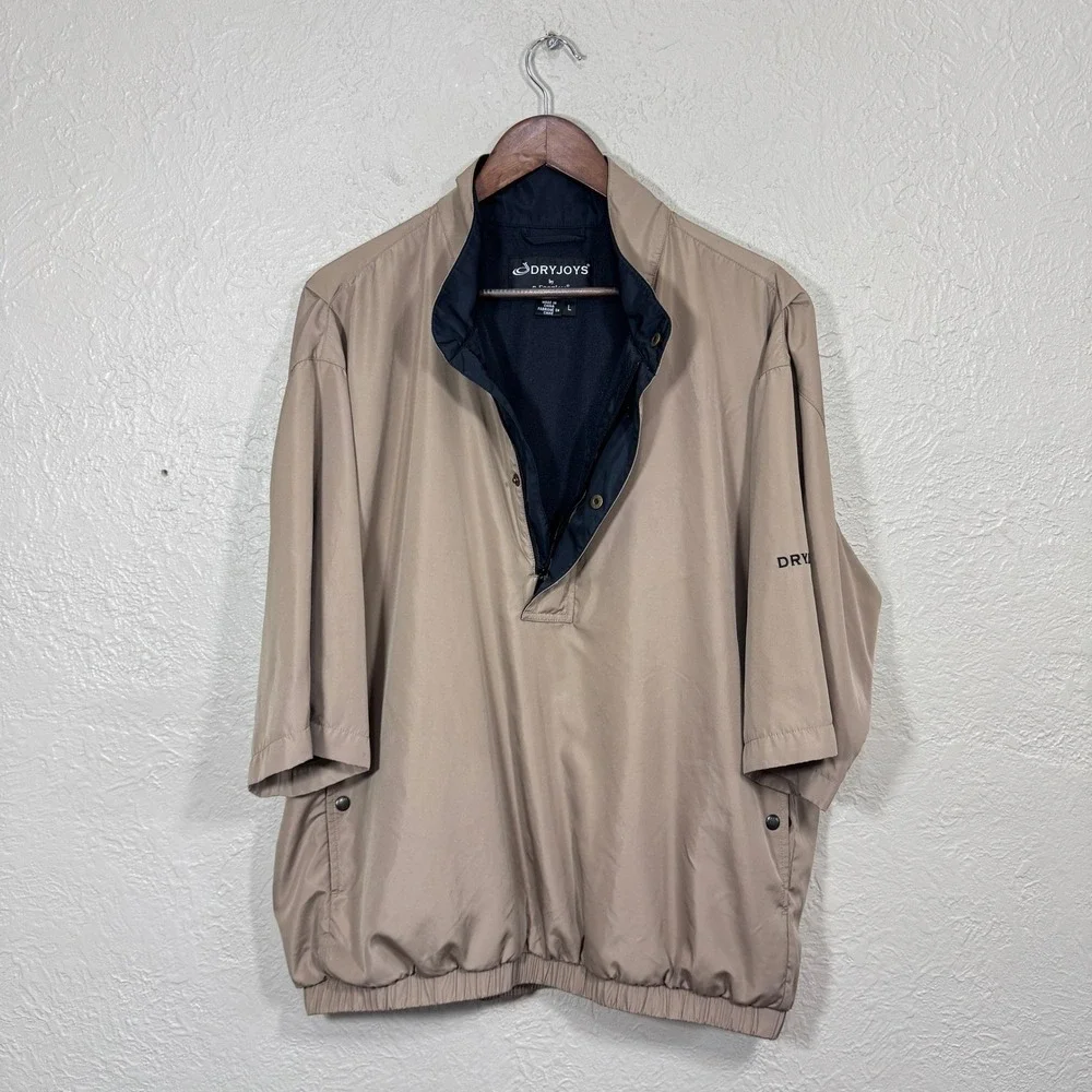 FootJoy Pullover Jacket Mens L DryJoys Tan Short Sleeve Golf Windbreaker Coat